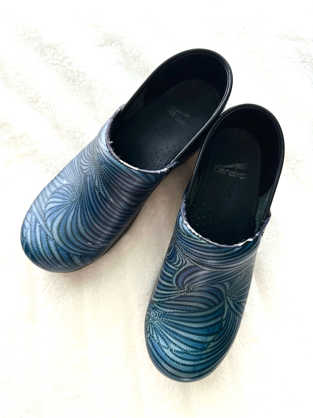 Dansko Blue Teal Swirl Leather Clogs